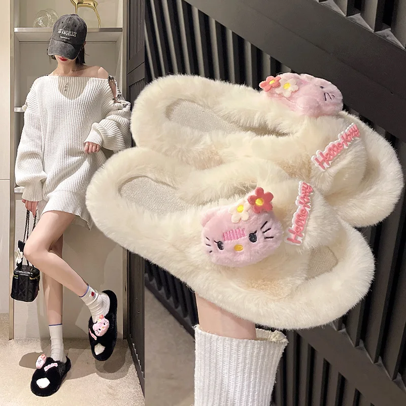 Kawaii Kt Cat Home Thick Sole Plush Slippers Autumn Winter Keep Warm Furry Slippers Women Wear Outside Anti-Slip Cotton Slippers