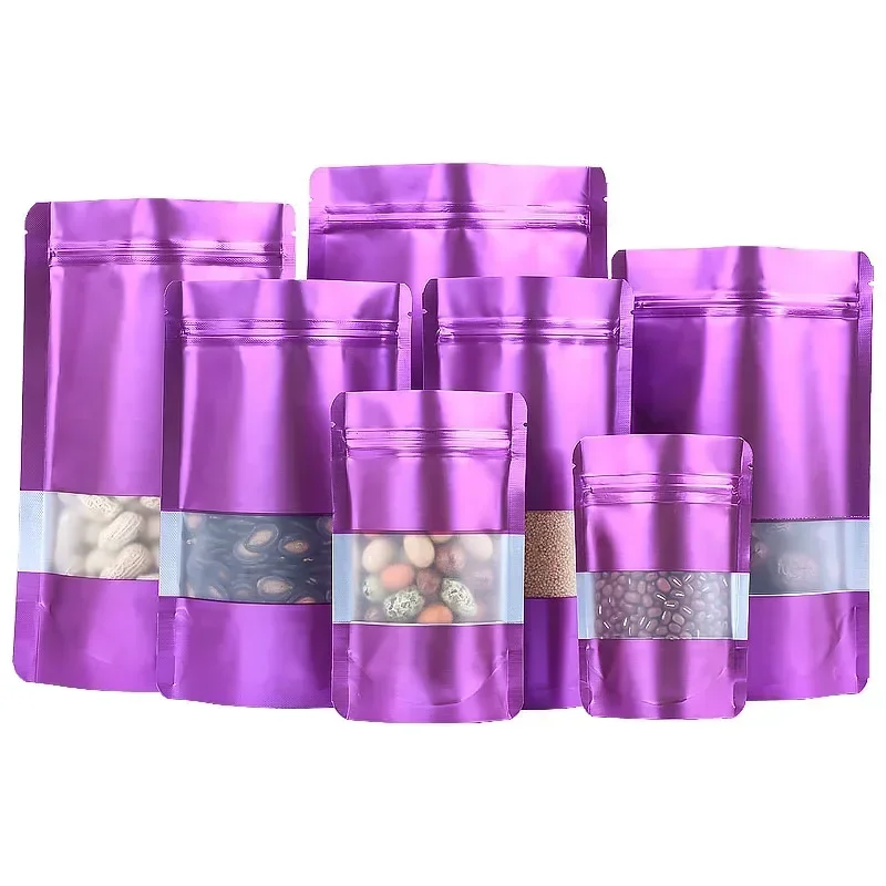 Matt Purple Stand Up Food Packaging Pouch with Window Custom Printed Zip Lock Foil Lined Pet Food Tea Doypack Storage Bag