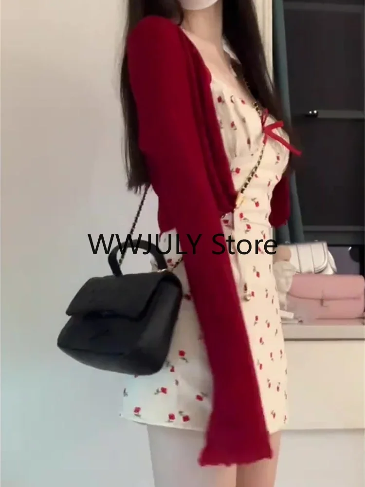 Sweet 2 Piece Dress Set Woman Red Long Sleeve Cardigan + Strap Floral Y2k Mini Dress Party Korean Fashion Suit 2023 Autumn Chic