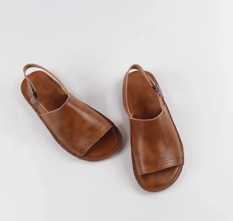 Careaymade-Spring Head layer cowhide shoes,Pure handmade flat Wipe color shoes,Women the retro art mori girl Retro big Sandals