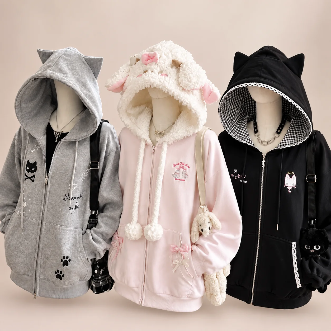 Vintage Kawaii Langarm Lose Mantel mit Kapuze Frauen Japanische Nette Zipper Sweatshirts Weibliche Casual Y2k Jacke Mantel Chic