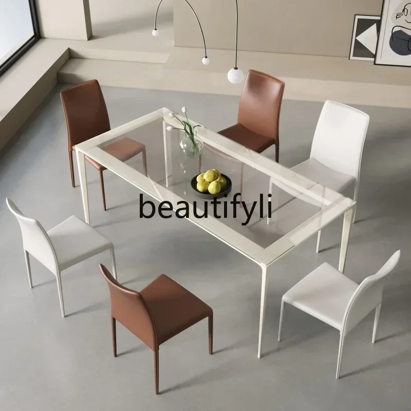 

ls 27White dining table Small household room Dining table Rectangle against the wall Tempered glass Dining table and chairs