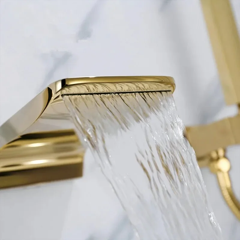 Gold Bathtub Shower Faucet Set Brass Bath &  Mixer With Handheld Waterfall Tap Black