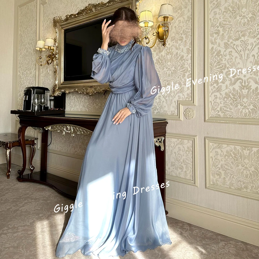 Giggle Luxury Beading Women Evening Dresses 2024 Chiffon فساتين سهرة O-neck New Arab Pleating Floor-Length Wedding Party Gowns