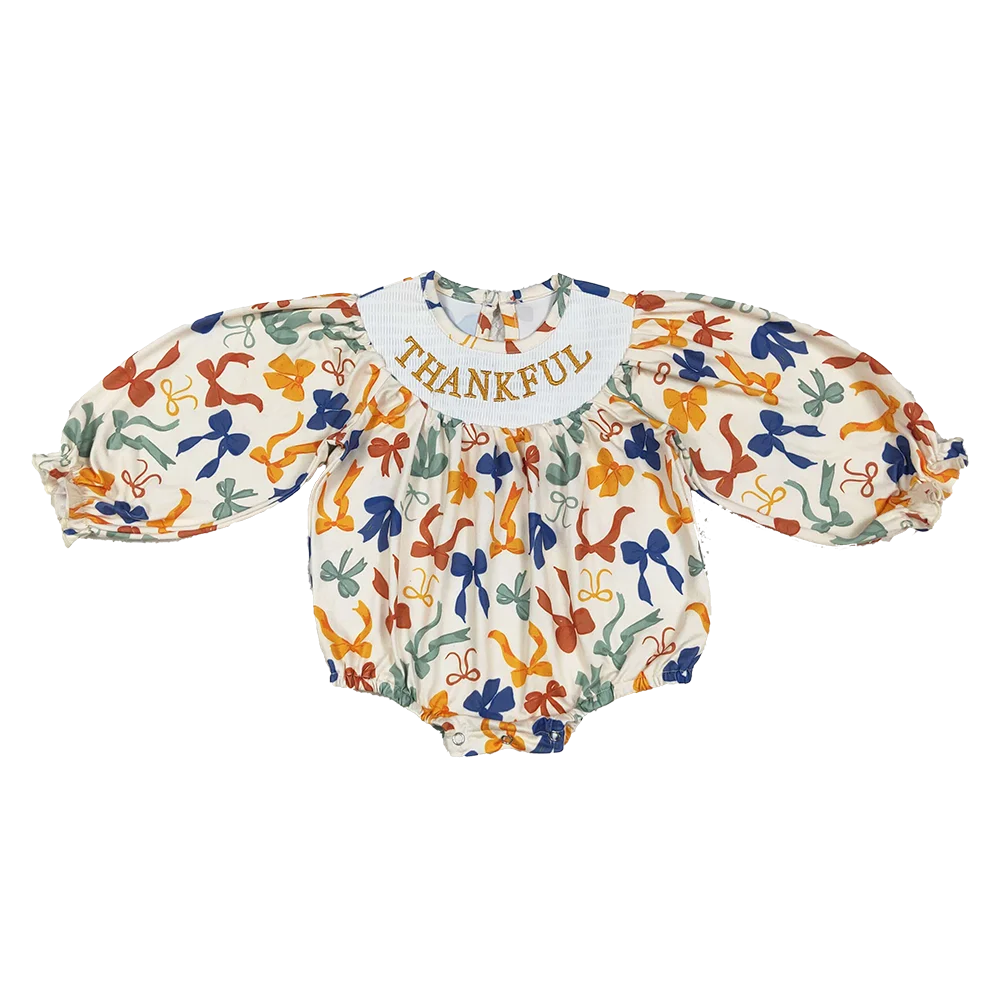 

Wholesale Girl Toddler Thanksgiving Embroidery Thankful Jumpsuit Children Bows Romper Newborn Coverall Baby Kid Smocked Bodysuit