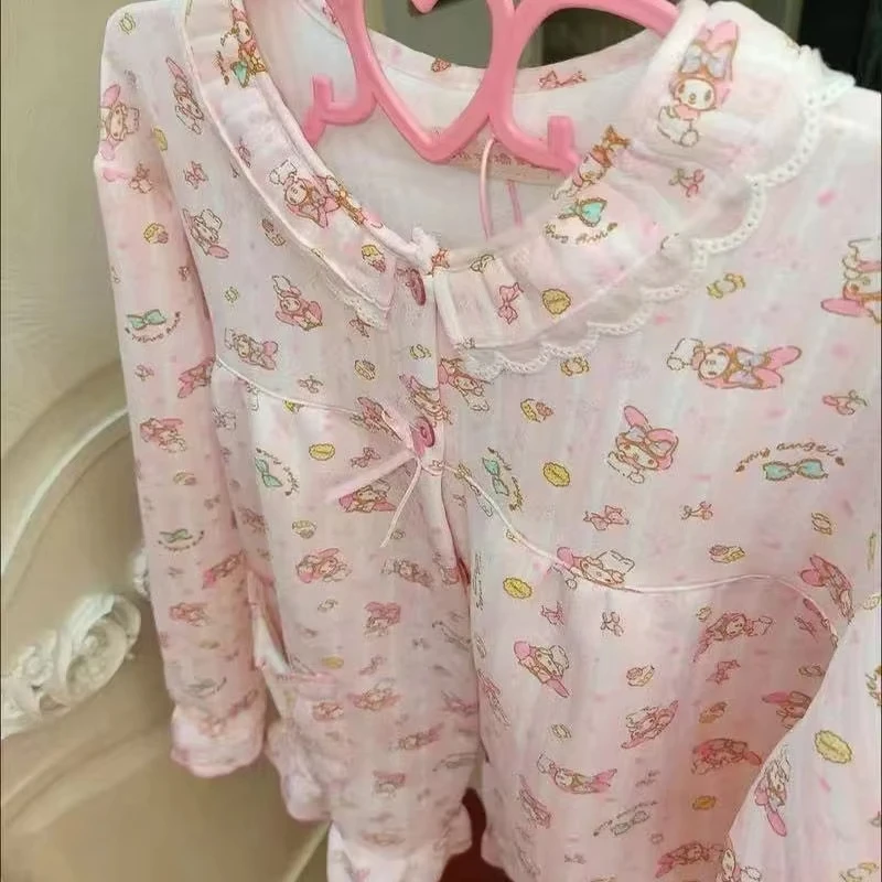 

Весенние пижамы с мультяшным принтом My Melody, женские пижамы с длинными рукавами и длинными брюками, милые и удобные домашние вещи, свободная повседневная одежда для сна для девушек.