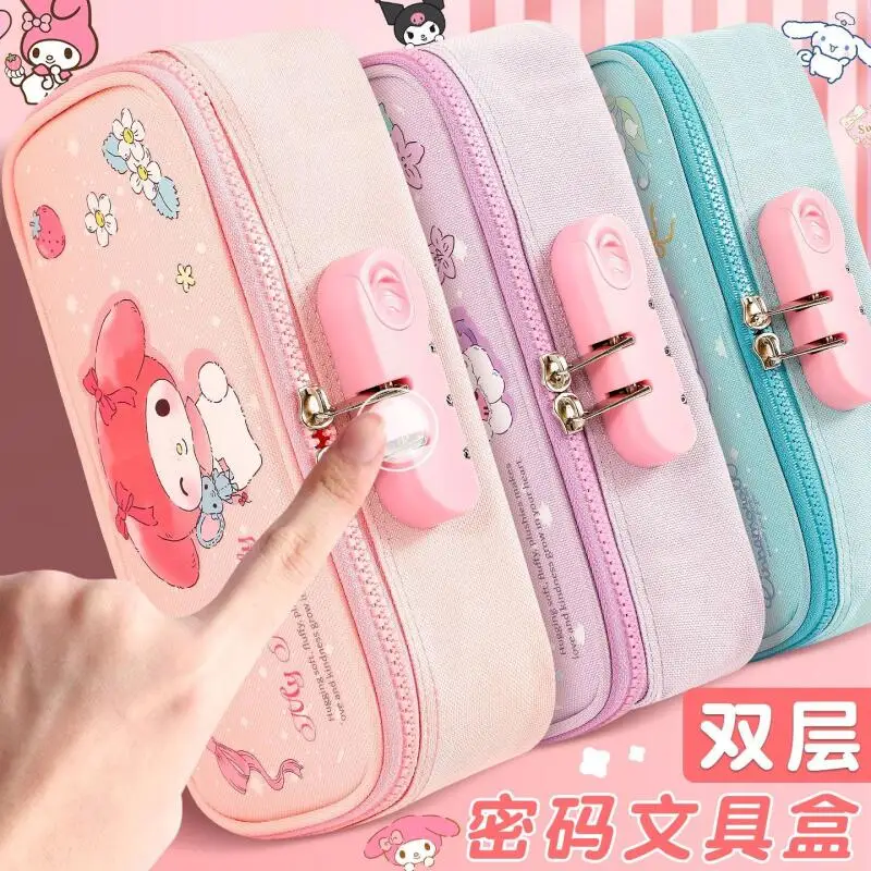 مقلمة عصرية للأطفال من Sanrios Kuromi Mymelody مقلمة محمولة ذات سعة عالية ومظهر جيد مع قفل بكلمة مرور صندوق رصاص لطيف
