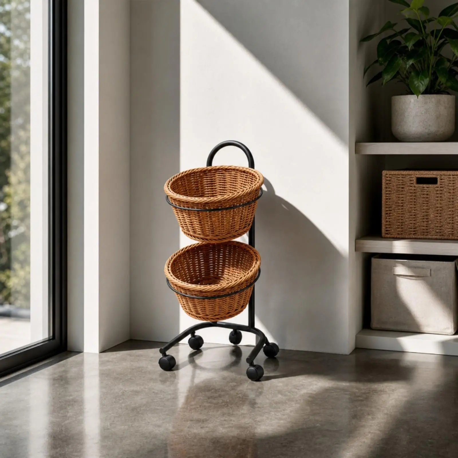 Wheeled Produce Display Rack Freestanding Mobile Shelf with Woven Baskets for Kitchen Supermarket Use