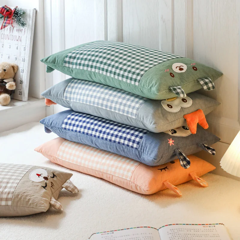 

Children Buckwheat Shell Pillow Plaid Wash Cotton Pillowcase Support Neck Back Adjustable Fill Washable Korean Style