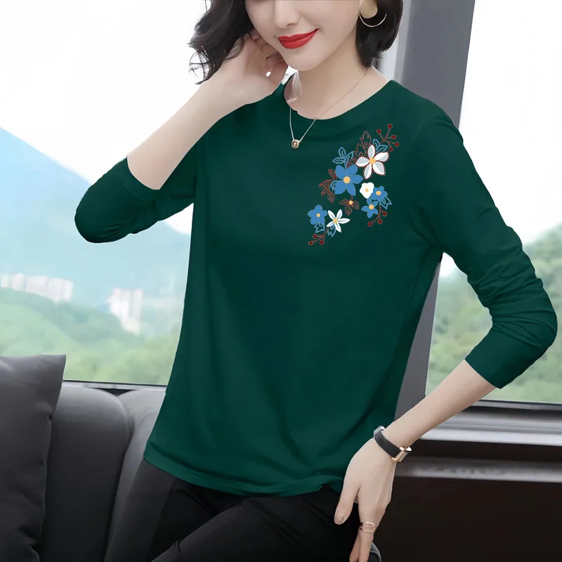 Mature Women Spring Soft Loose Long Sleeve T-shirt Floral Print Casual Slim Fit Basic Inner Tops