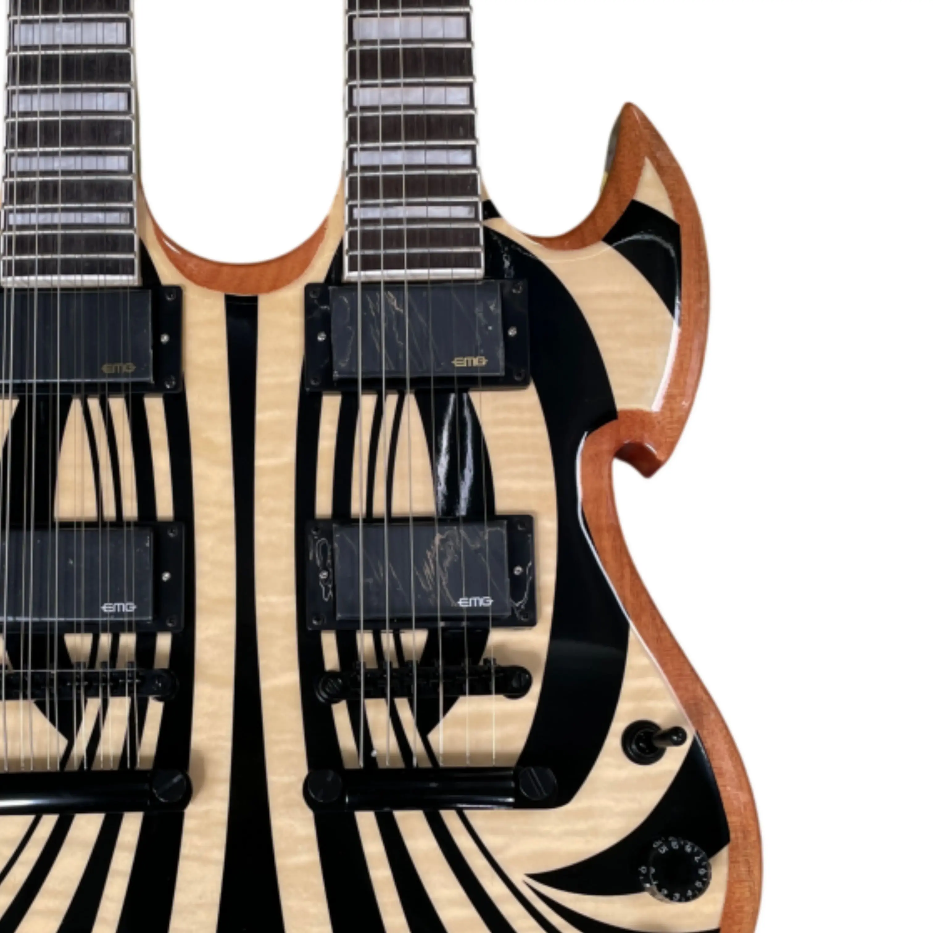 12+6 String Shape Dual Neck Electric Guitar, Wood Grain Top with Black Art Graphic Guitars, for Heavy Metal Rock Stage Guitarra