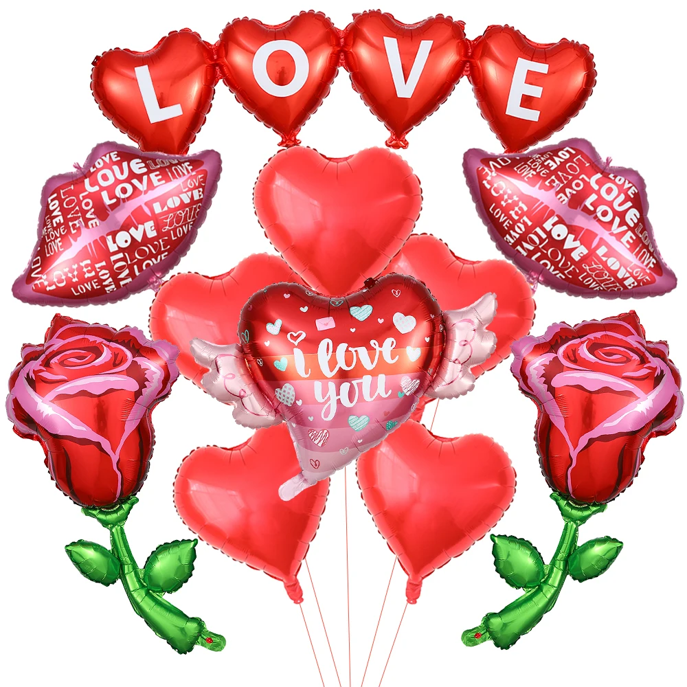 

11Pcs Valentine's Day Foil Balloons Set Love Rose Red Heart Shaped Lips Balloon Wedding Proposal Anniversary Party Decoration