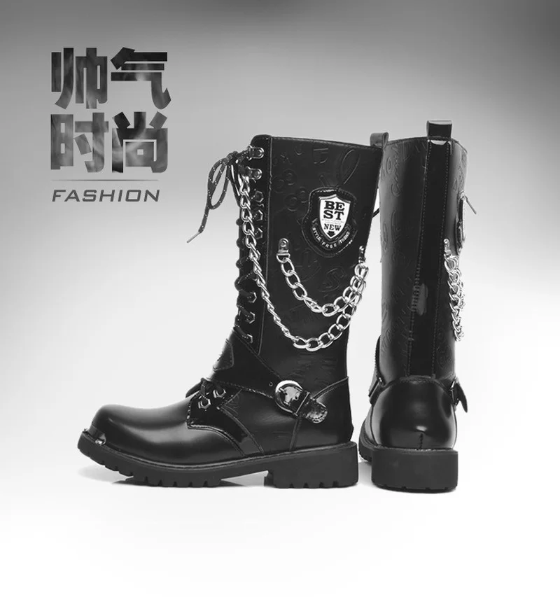 Men Fashion Motorcycle Boots Mid-calf Breathable Combat Boots Gothic Belt Punk Boots Men Shoes Hightop Casual Steel Toe Shoes