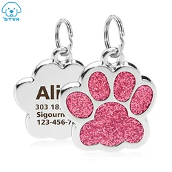 Personalized Dog Cat Tags Engraved Cat Dog Puppy Pet ID Name Collar Tag Customized Pendant Pet Paw Glitter Pendant Accessories