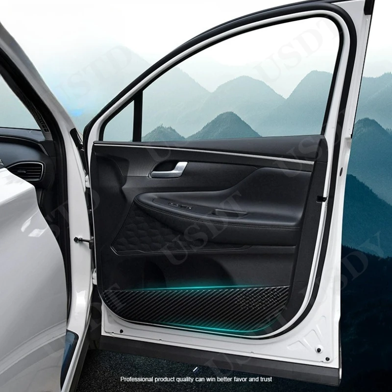 

4PCS For Hyundai Santa Fe 2020 2021 2022 2023 2024 Leather Carbon Fiber Sticker Door Anti Kick Cover Door Sill Protection Mat