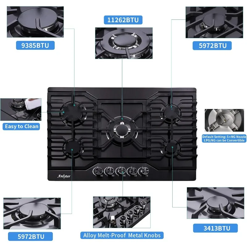 30 Inch Gas Cooktop, 5 Burners Built-in Stove Top Stainless Steel (Thermocouple Protection), LPG/NG Convertible Stove Dual Fuel