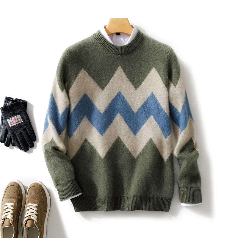 Autumn Winter 100% Merino Wool Men‘s O-Neck Color-Blocking Sweater Pullover Cashmere Long Sleeves  Soft Casual Clothing Top