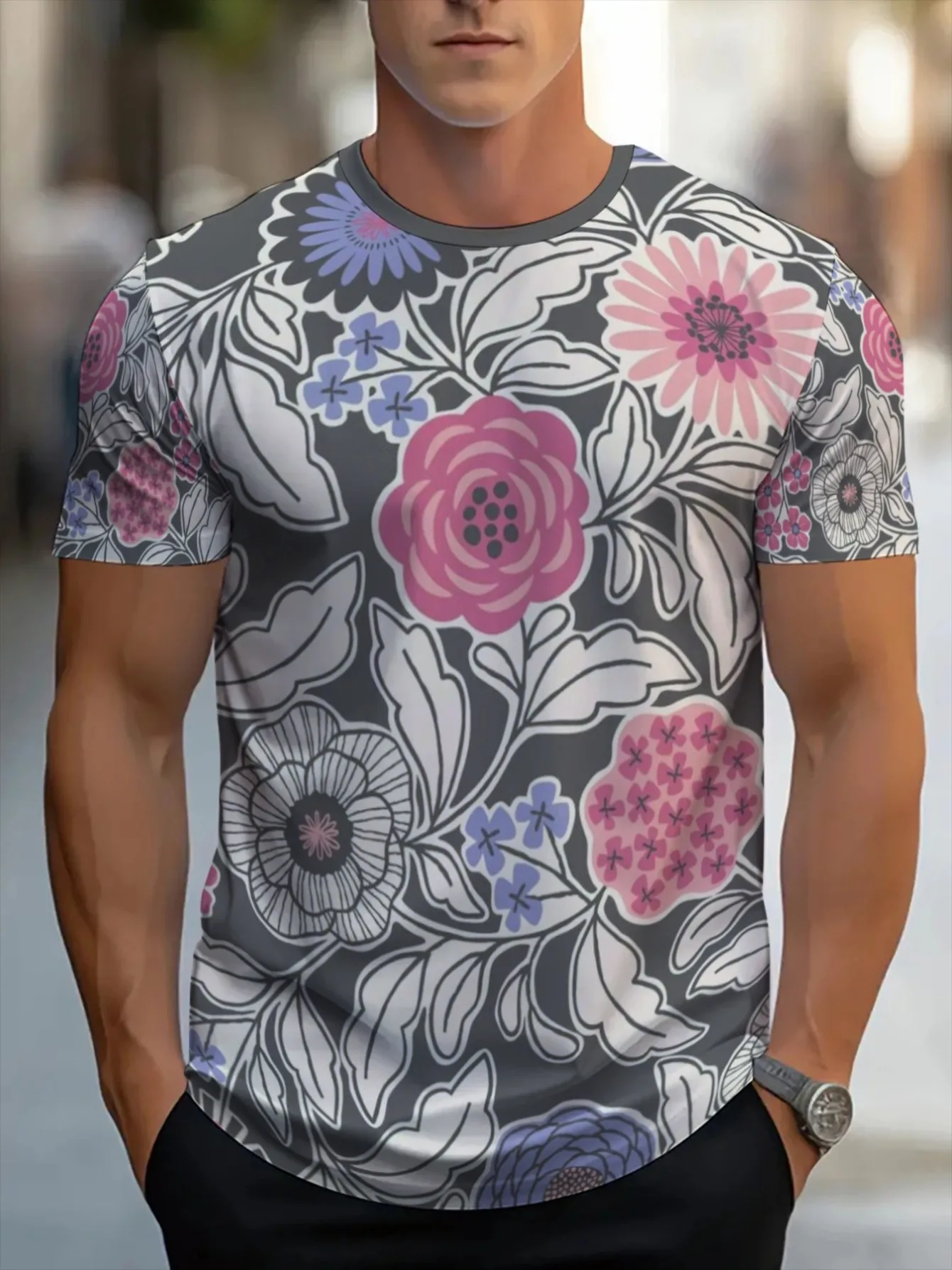 Men Dark Gray Base Pink Purple White Line Floral 3D Print Crew Neck T Shirt Summer Short Sleeve Casual Tee