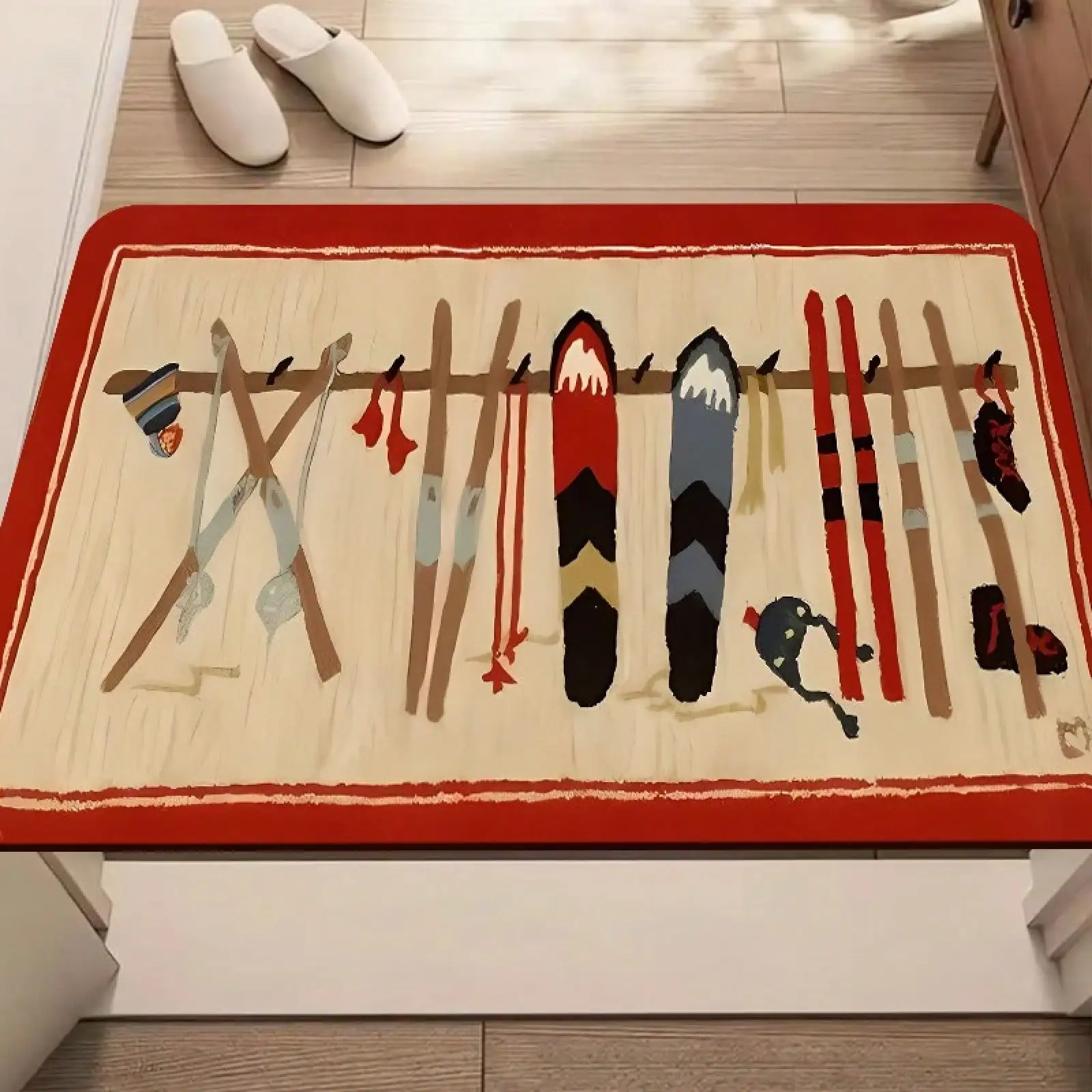 1pc Ski-Themed Flannel Entrance Door - Non-Slip-Absorbent Washable Soft Winter /Outdoor Entryway, Kitchen, Bathroom - Holiday Home Decor (Ski Equipment Pattern)