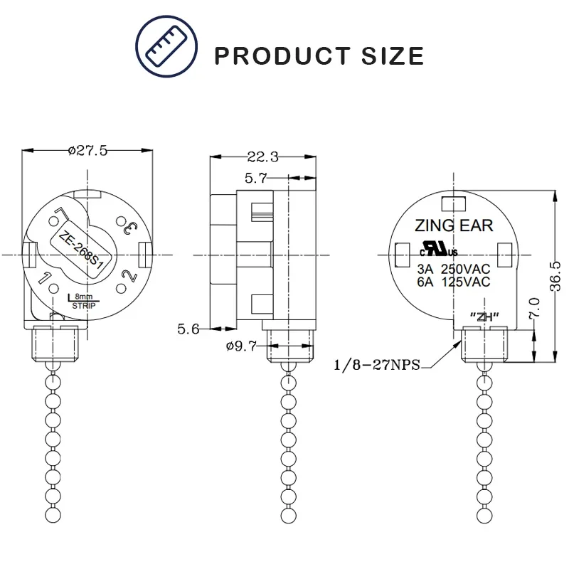 Zing Ear Ceiling Fan Switch Pull Chain Switch ZE-268S1 3 Speed 4 Wire  Control Ceiling Fan Replacement Speed Co