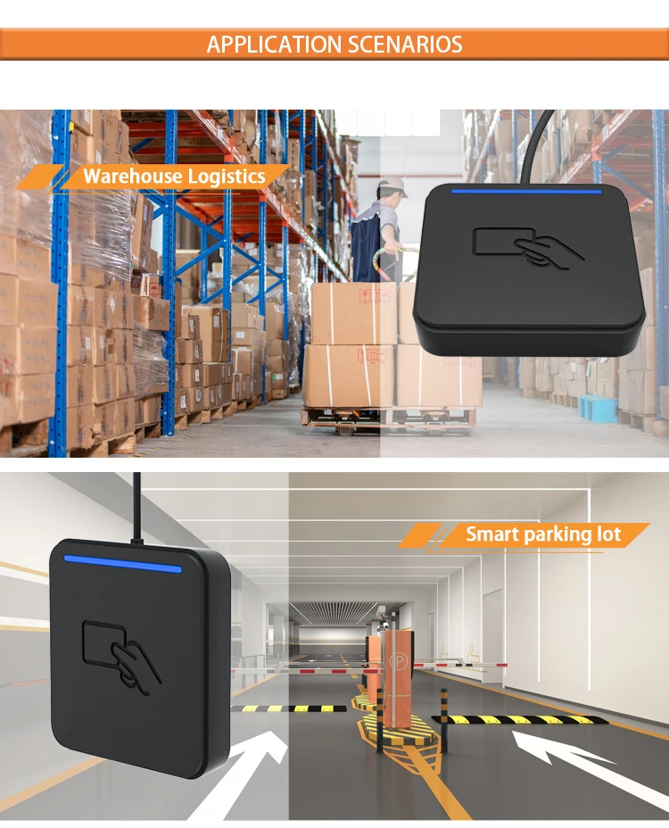 Long Range UHF RFID Desktop Reader 860-960MHz Frequency Card Label Reader with NFC USB Communication Interface Plastic Material