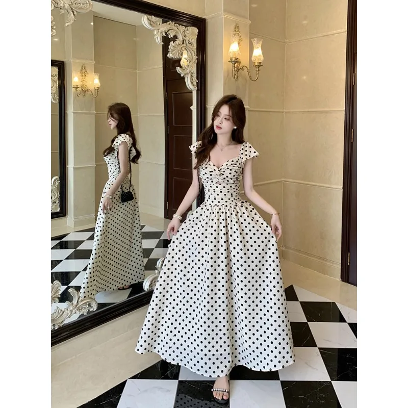 New 2026 Fashion Style Square Collar Polka Dot Dress Women Summer Beach Vacation Waist Cinching Slimming Long Dress