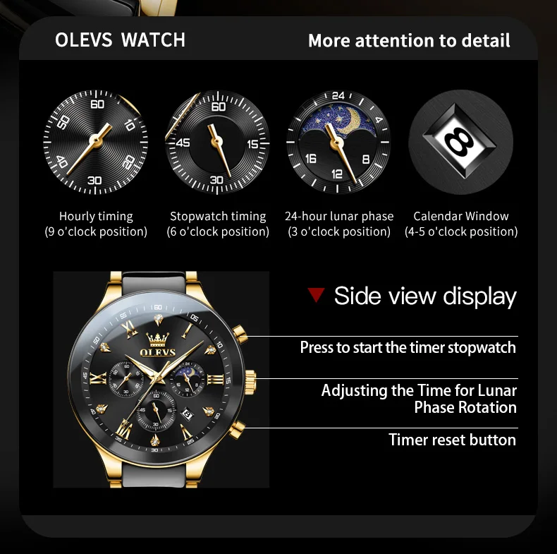 OLEVS 7004 Top Brand New Fashion Men\'s Quartz Watch Moon Phase Timing Luminous Pointer Ceramic Stainless Steel Strap Men\'s Watch