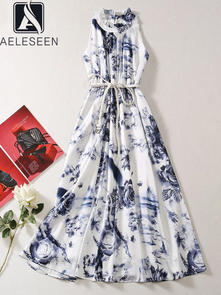 Aeleseen Designer Mode Frauen Sommerkleid ärmellose Retro blau Blumen druck Gürtel Rüschen Vintage langen Urlaub