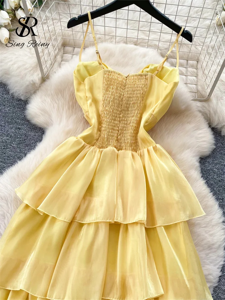 SINGREINY Shiny Chiffon Party Dress French Fairycore Slim A-Line High Waist Zipper Shirred Women Summer Vacation Cake Long Dress - Image 5