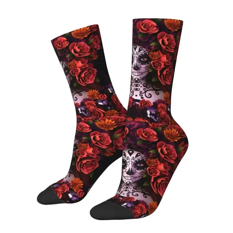 Halloween Catrina Sugar Skull Men Women Crazy Crew Socks Unisex Fashion 3D Printed Day Of The Dead Mexican Lady Dress Socks