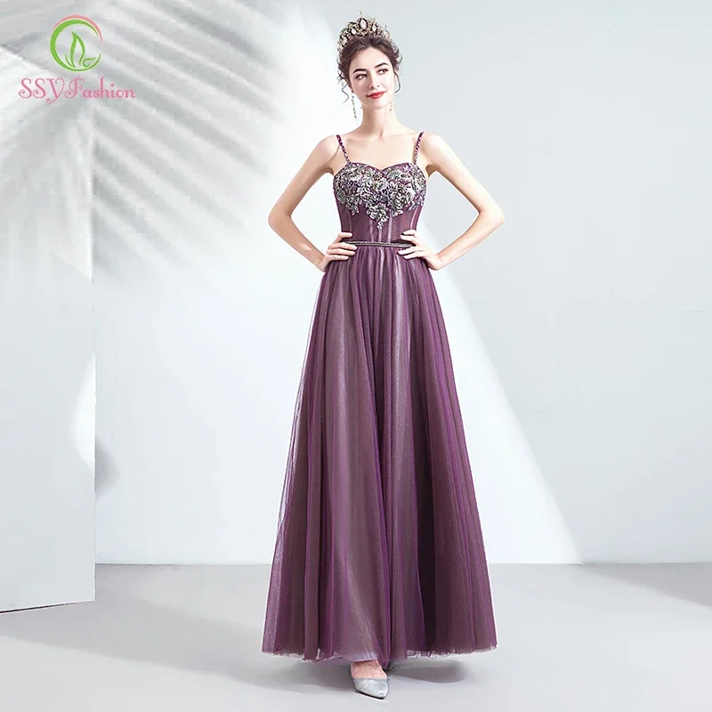 

SSYFashion New Purple Evening Dress Banquet Elegant Floor-length Sequins Beading Long Formal Gown Special Occasion Dresses
