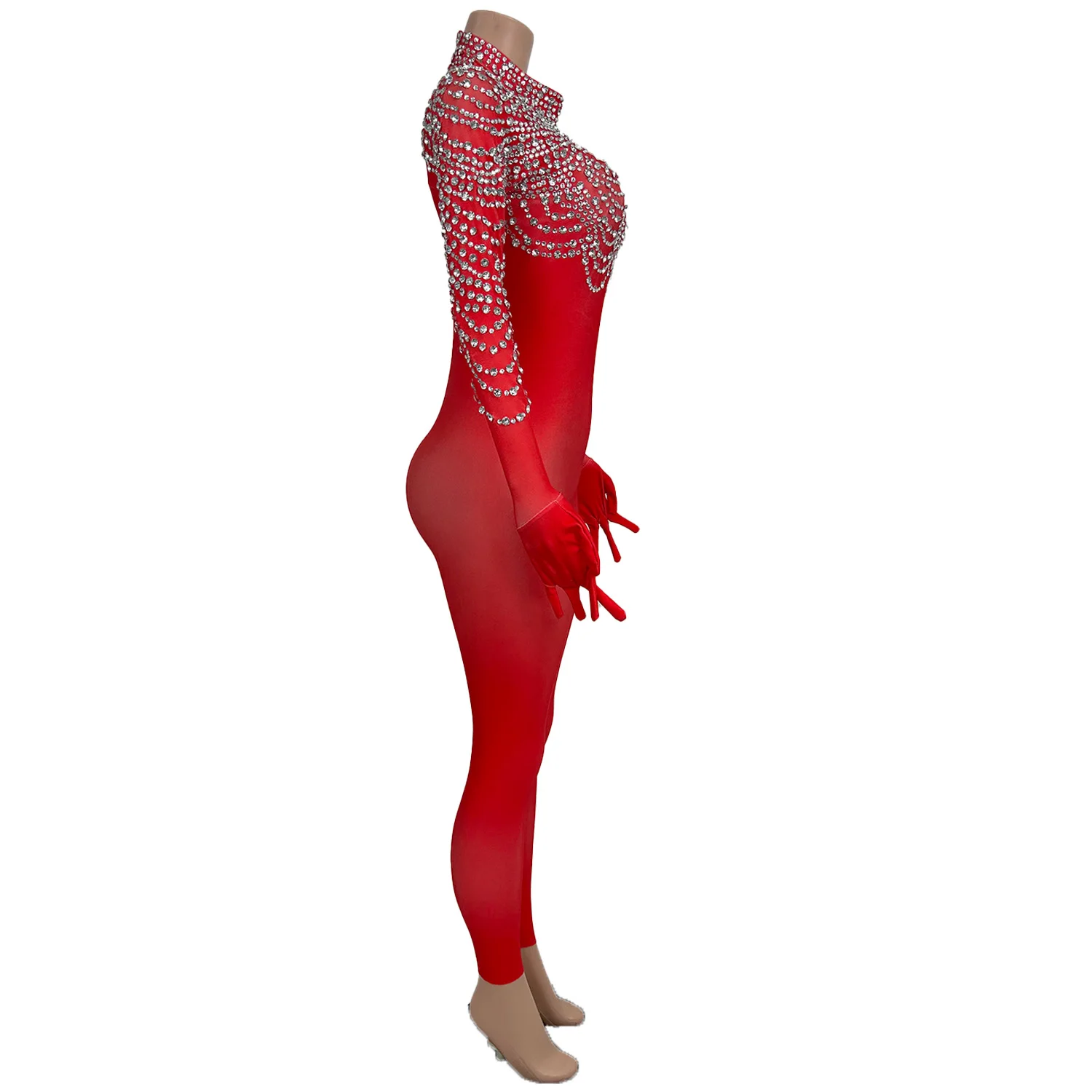 Mais novo glitter strass halloween macacão vermelho para mulheres desempenho dançarino cantor palco wear boate mostrar macacão pijian