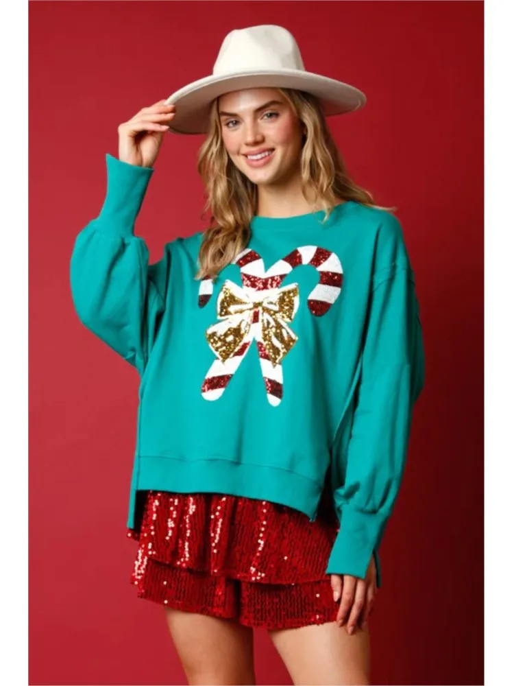 

Women Cute Sequin Sweatshirt Christmas Candy Cane Print Pullover Top Oversized Side Slit Sparkly Sweater Shirt Xmas Streetwear