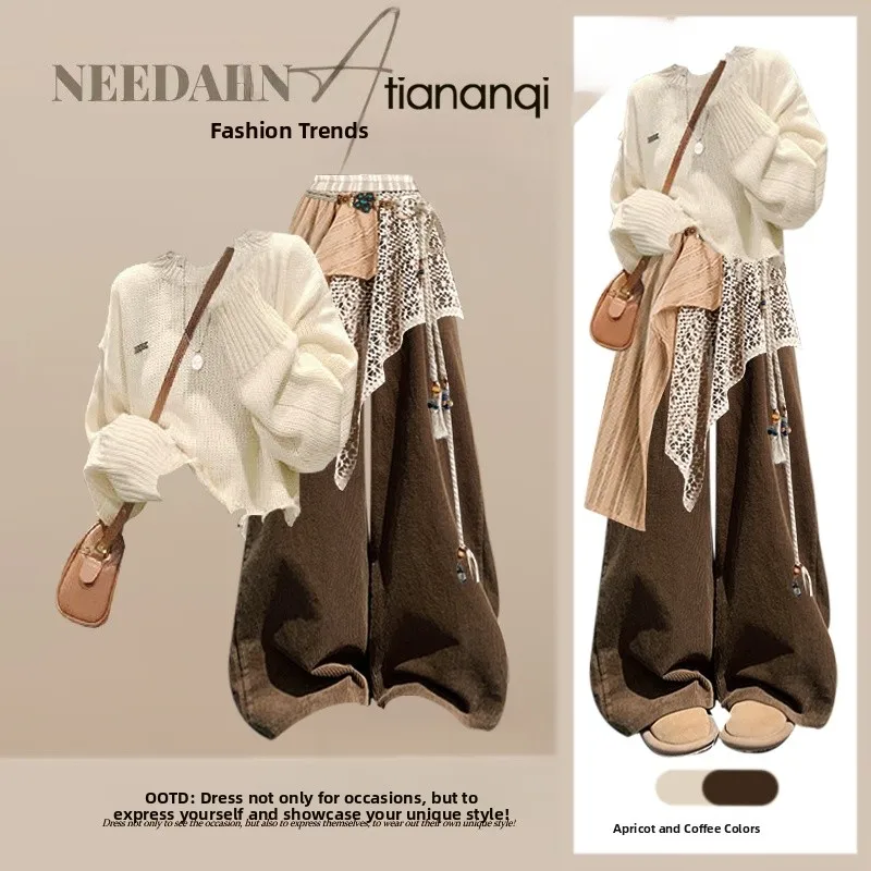 

Anti-Aging Autumn Knitted Sweater Set Women's High Waist Casual Pants Ensemble Korean Sle Splice Curtain Faionable Two-Piece