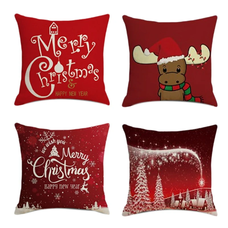 

4Pcs Christmas Square Pillowcase Home Decor Linen Pillow Cases Cushion Covers For Sofa Car Fawn Pattern Gift 45X45cm