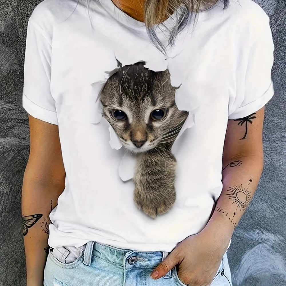 Realistic Cat Breaking Through Women Men T-Shirt Cute Kitten Torn Paper Graphic Tee Funny Cat Lover Casual Top Graphic T Shirts
