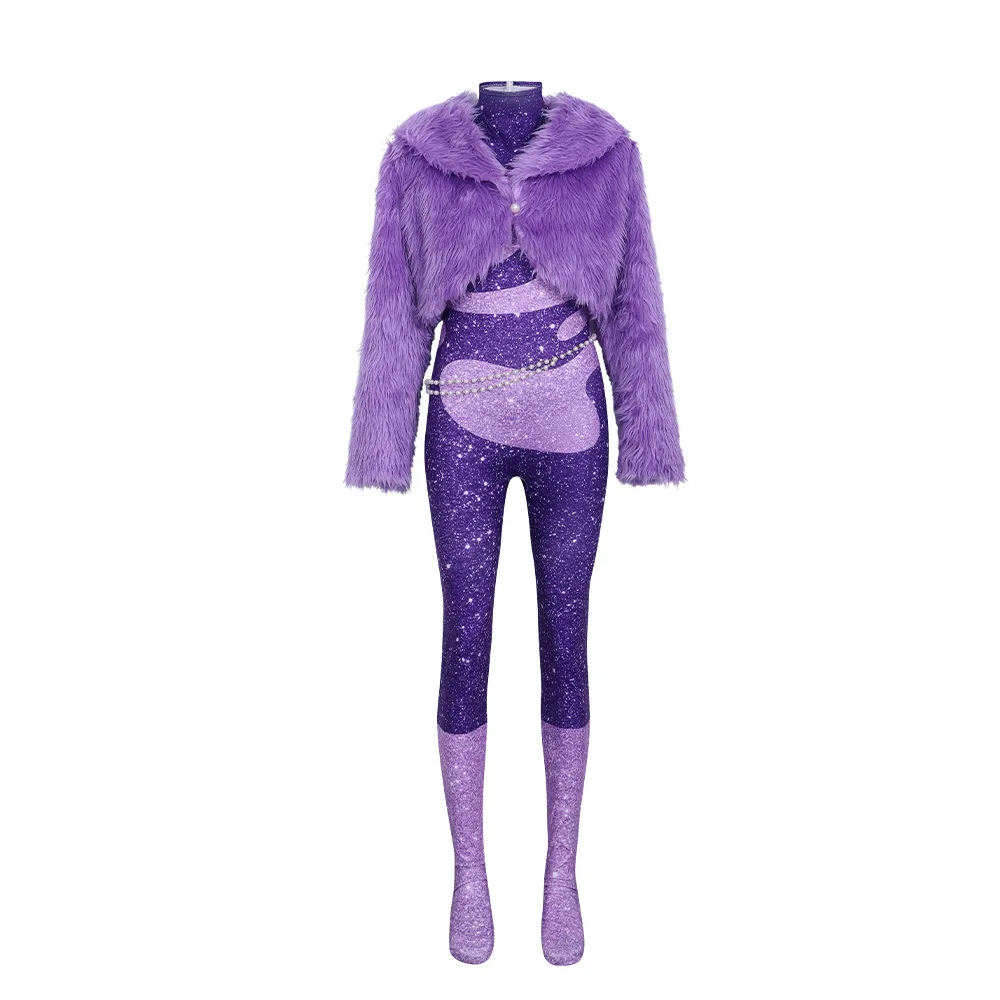 Anime nieuwe zangeres Shakira cosplay set geitenbont paarse jas jumpsuit taille ketting podium outfit Kerst en Halloween ho