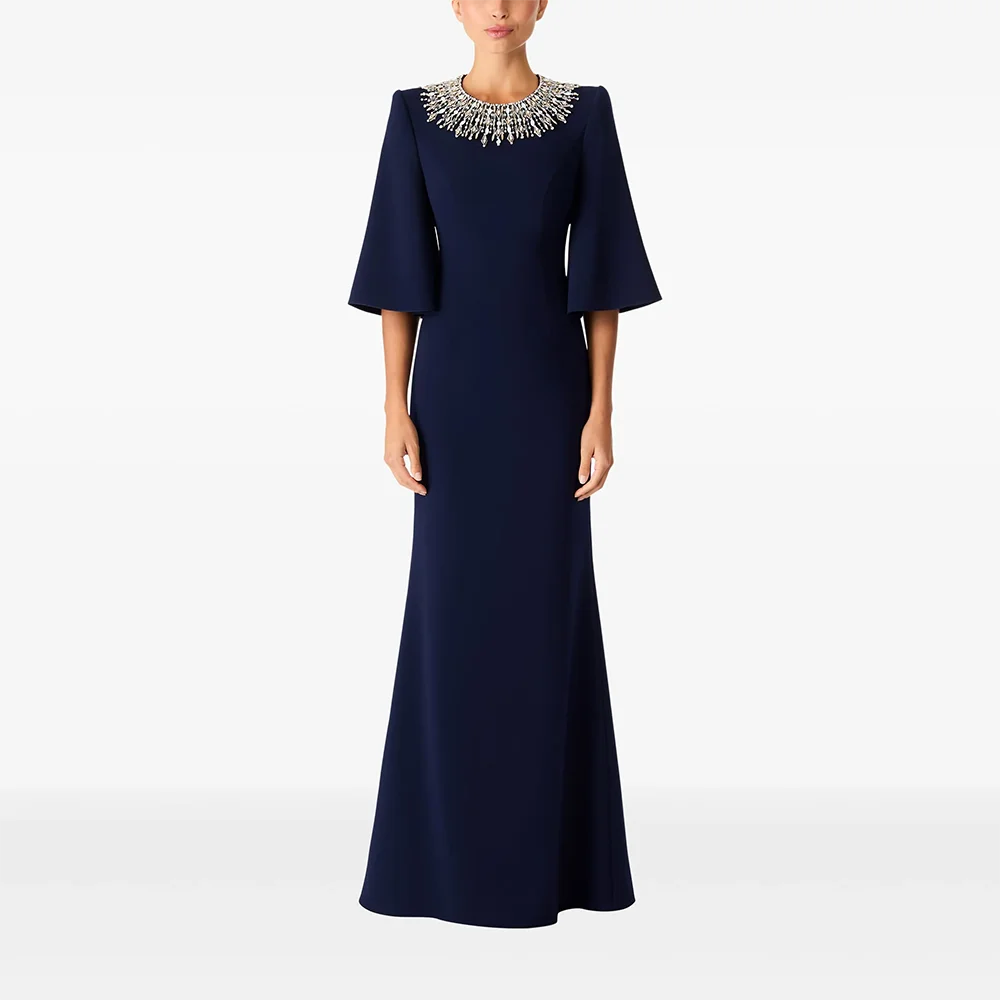 

Luxury Evening Dress O-Neck Half Sleeves Bead Crystal Mermaid Evening Gowns Floor Length Wedding Guest Dress Customized