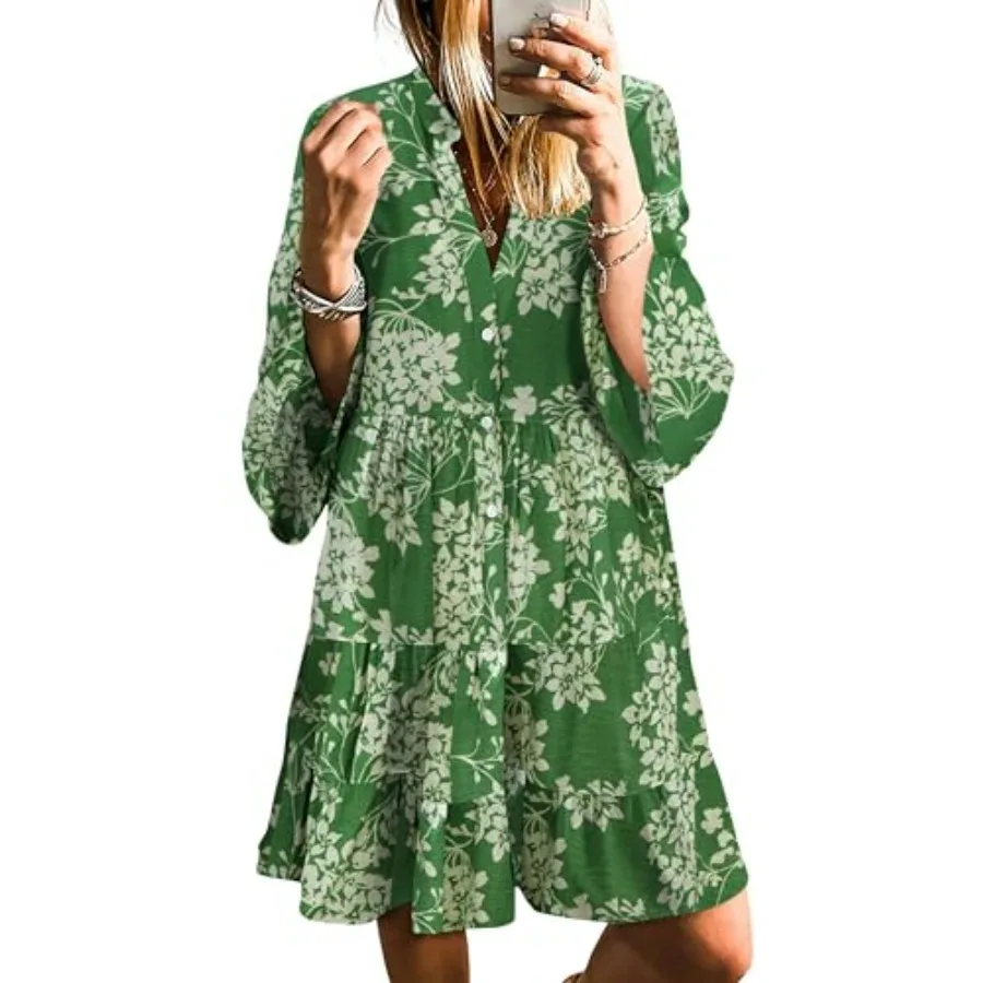 

SELINK Womens Long Sleeve Dresses Casual V Neck Tribal Print Button Flowy Boho Mini Beach Dress