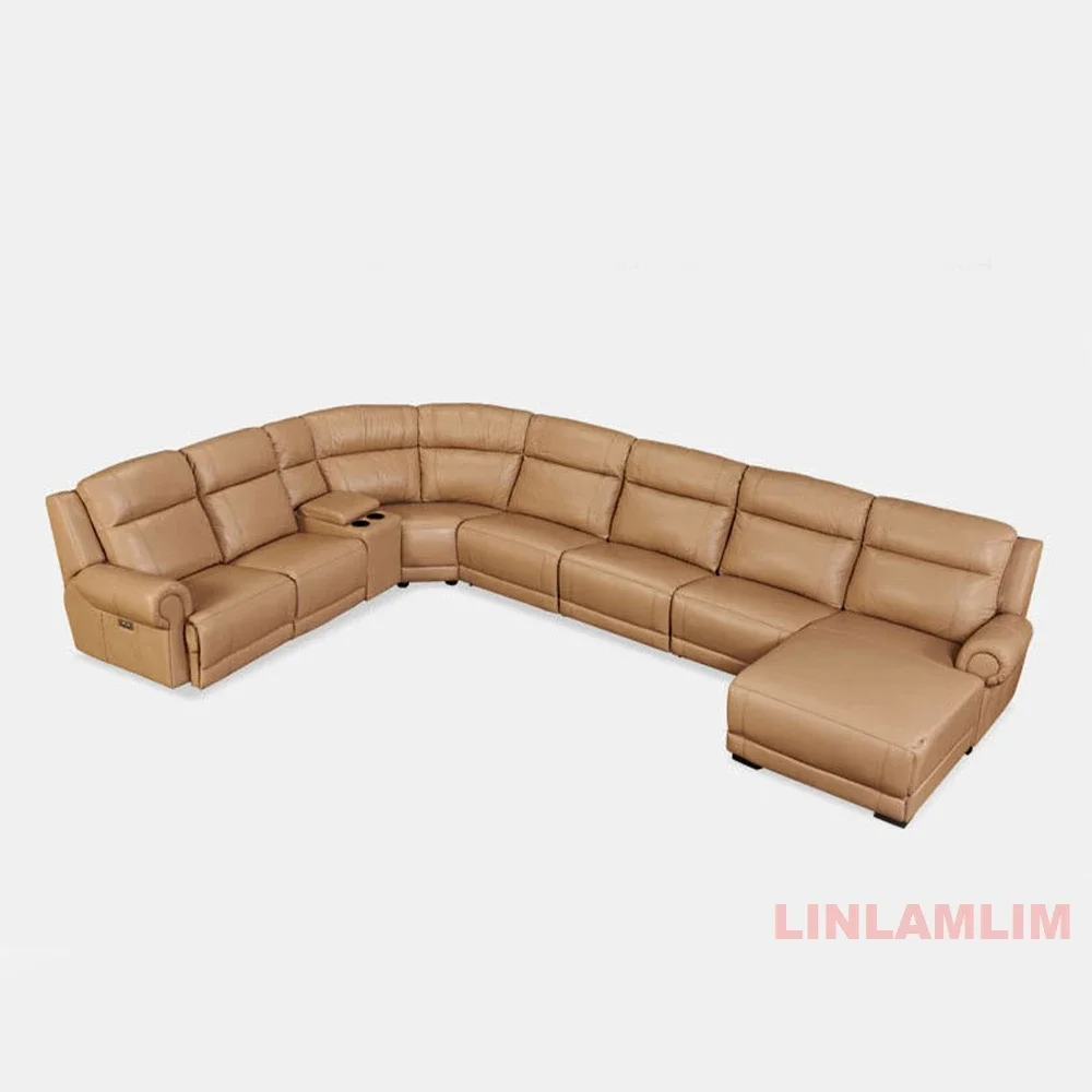 Linlalim Luxury Genuine Leather Power Recliner Sofa Set, L Shape Electric Reclining Couch with Nailhead Trim, Home Theater Seat