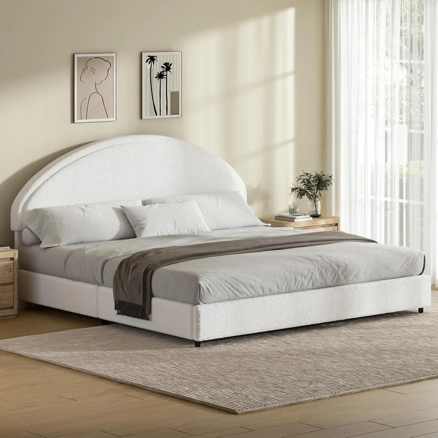 King Size Bed Frame with Round Headboard, Boucle Upholstered Bed Frame, White Boucle Bed Frame, Soft Arch Shaped Modern Style