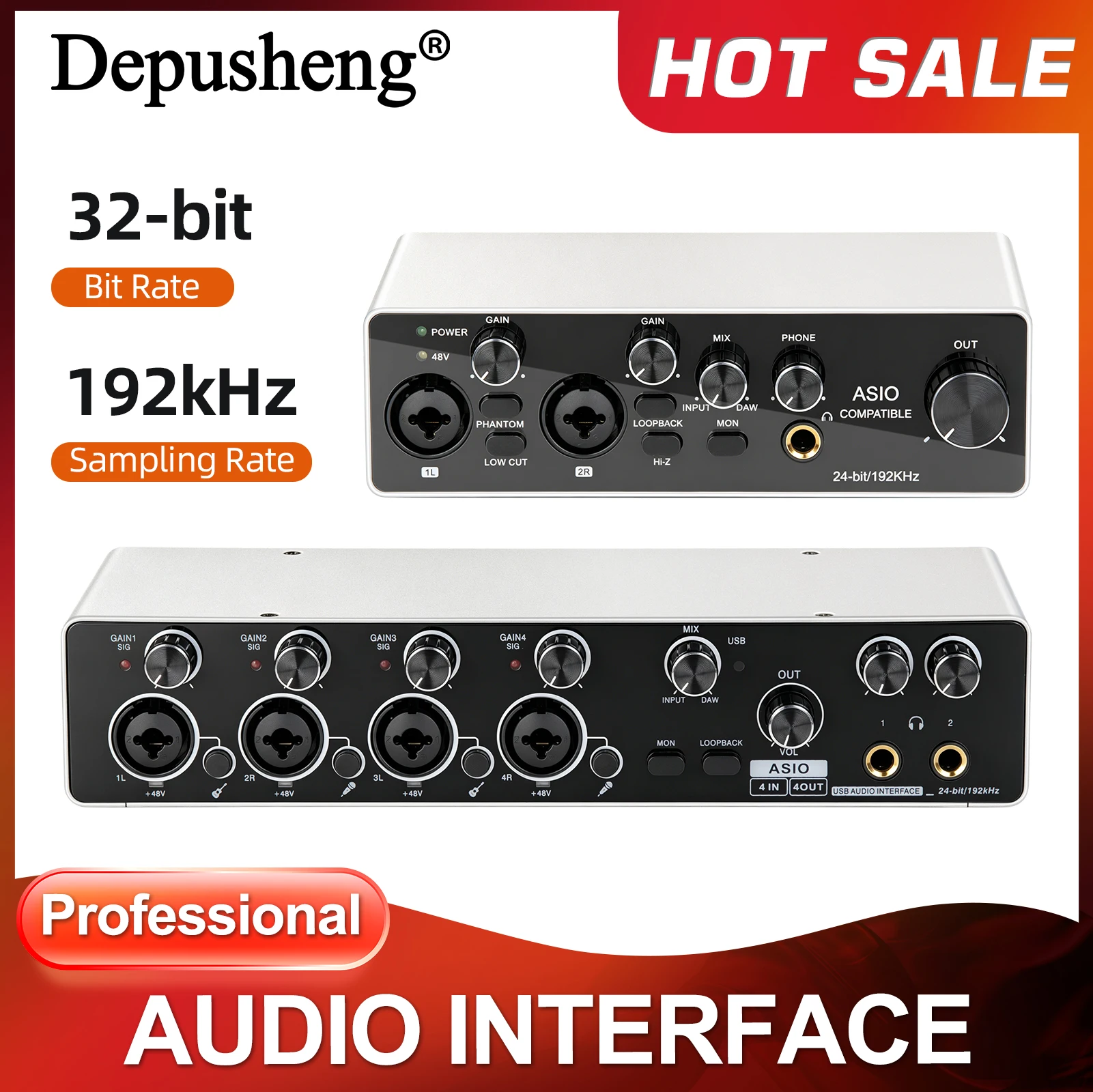 Studio Audio Interface With 48V Phantom - อินเทอร์เฟซเสียง Depusheng USB พร้อมไดรเวอร์ ASIO, 24
