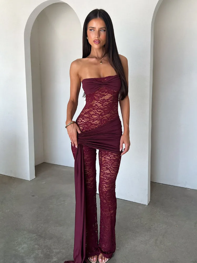 Absobe Women Sexy Lace Patchwork See Through Strapless Jumpsuits Solid Color Open Back Ruched Ribbon Tight Fit Fashion Clubwear