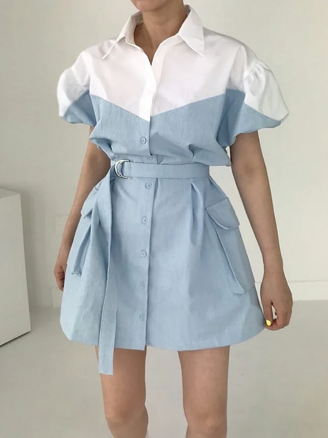 Vestido de manga corta con cuello tipo  para mujer, falda con cinturón y empalme a cuadros, estilo de viaje, moda de ...