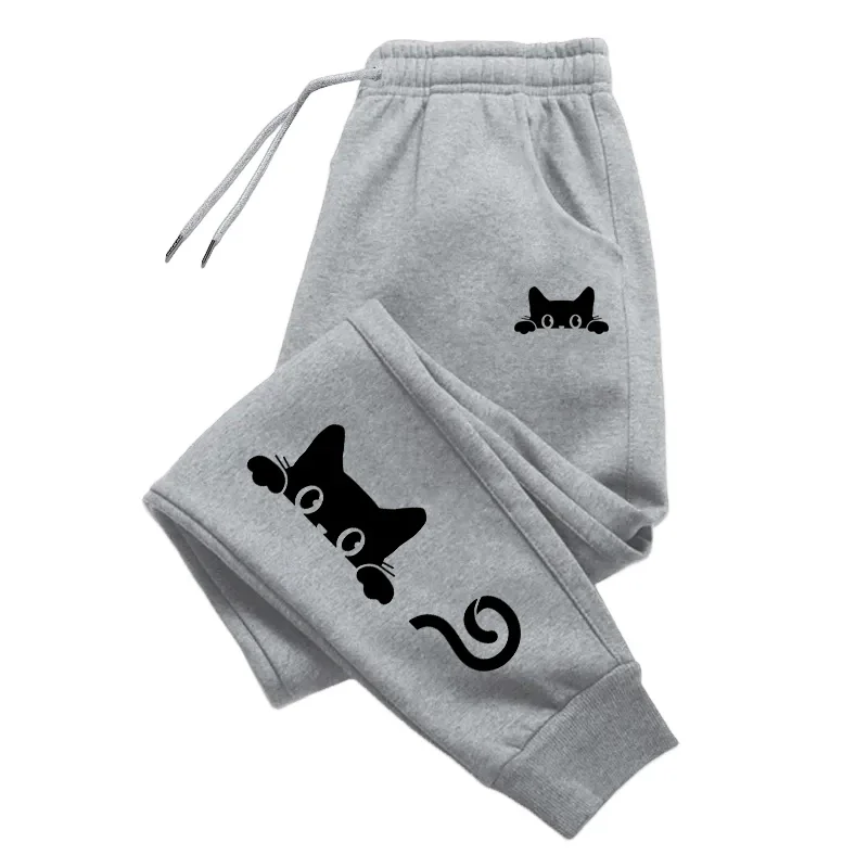 2025 venda quente feminino cor sólida sweatpants bonito gato impressão toda a temporada meninas casual desportivo calças de jogging casa ao ar livre