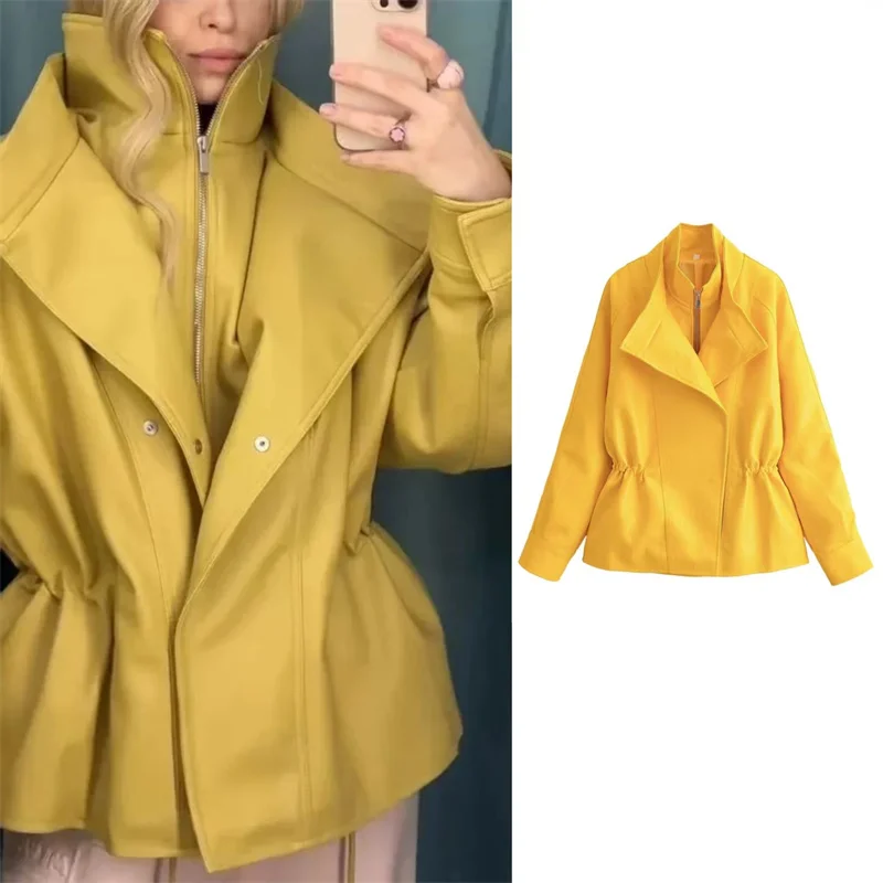 Guobioziy 2026 Women's Jacket Fall New Arrival Yellow Long-Sleeve Stand Collar Loose Faux Leather Jacket Parka Biker Style