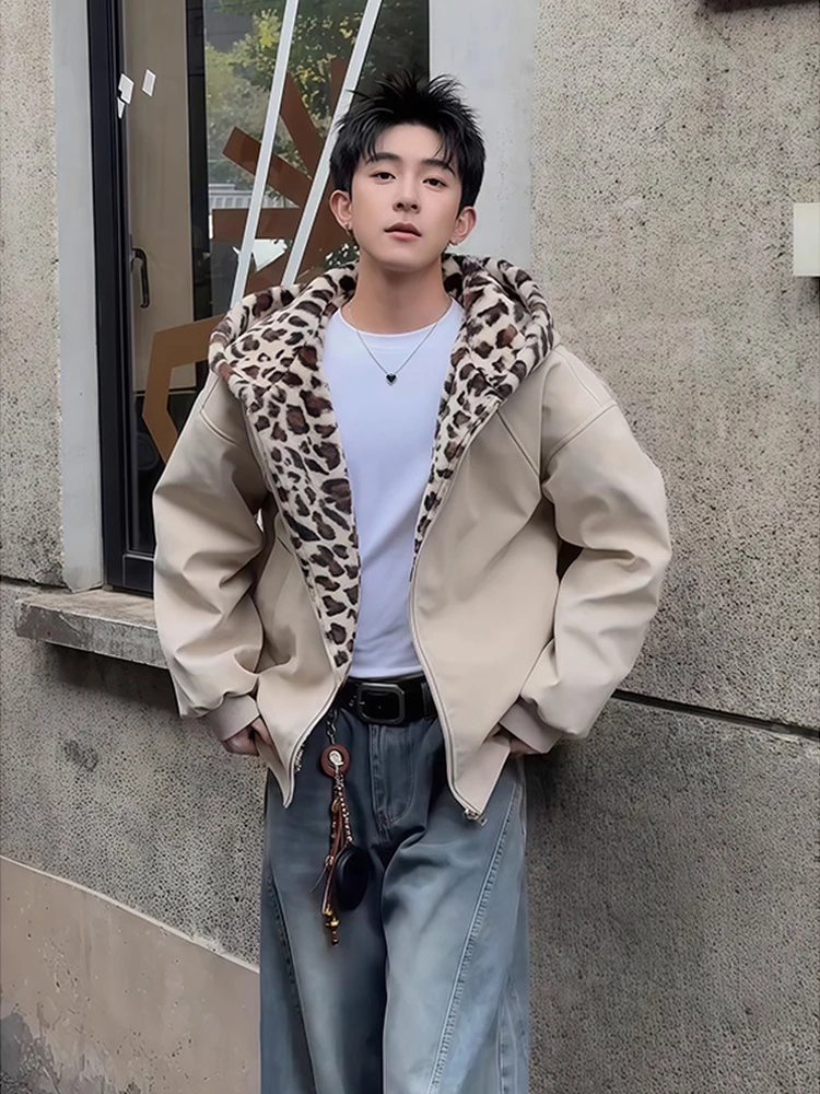 

ex Thiened Fce Lined Winter Jaet Double Sided Wear Leopard Print Inner Mountain Eagle Cotton Jaet for Couples