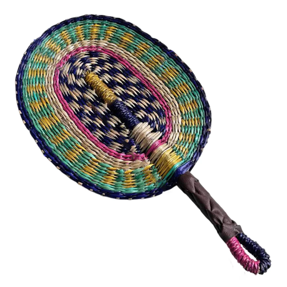 

Colorful Striped Patterns Seagrass Woven Fan Vintage Bohemian Hand Braided Fan Anti-Mosquito Portable Cattail Fan School/Office