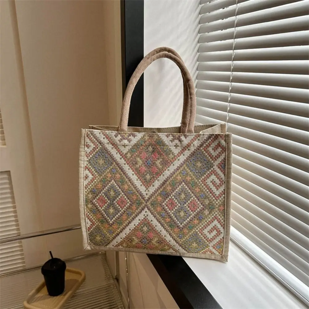 

Large Capacity Ethnic Style Handbag Tote Bag Shoulder Bags Geometric Cloth Bag Canvas Handbag Embroidery Shoulder Bag