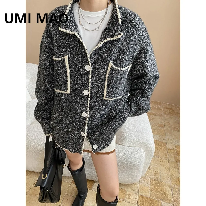 

UMI MAO модные топы осень новый модный двойной карман с цветными блоками круглый вырез ленивый свободный вязаный свитер куртка